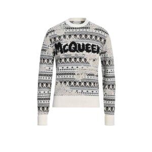 Alexander McQueen Logo Intarsia Knit Jumper Sweater Mens XL Black Cream Skull